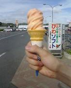 旅先でソフトクリームを食べる